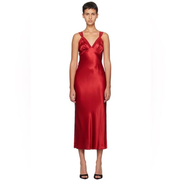 Reformation Neola Slinky Silk Midi Dress Size Large Jewel Tone Ruby Cherry Red - Picture 2 of 7